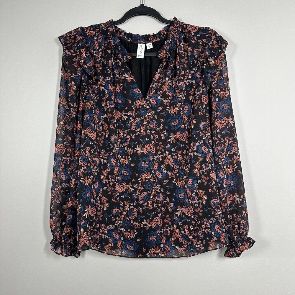 Joie Medium Black Blue Orange Floral Metallic Long‎ Sleeve Ruffle VNeck Blouse